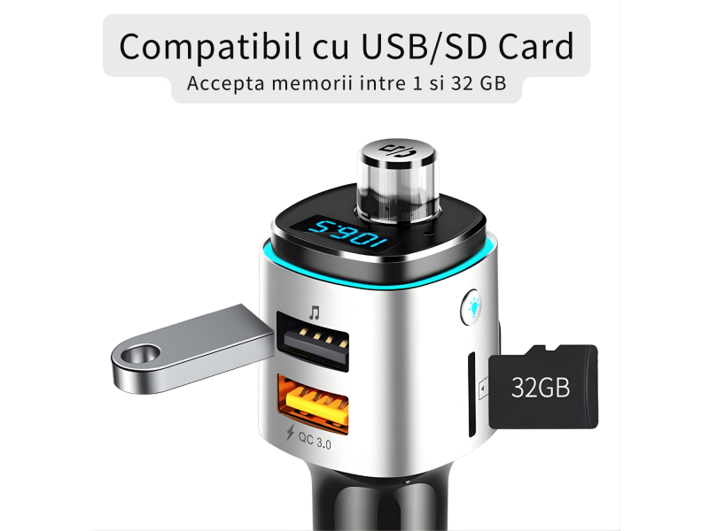 Modulator FM auto cu Bluetooth pentru redare muzica si apeluri hands-free, 2 porturi USB-A pentru incarcare si redare, slot microSD pentru MP3, buton rotativ multifunctional, compatibil Android si iOS
