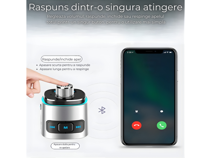 Modulator FM auto cu Bluetooth pentru redare muzica si apeluri hands-free, 2 porturi USB-A pentru incarcare si redare, slot microSD pentru MP3, buton rotativ multifunctional, compatibil Android si iOS