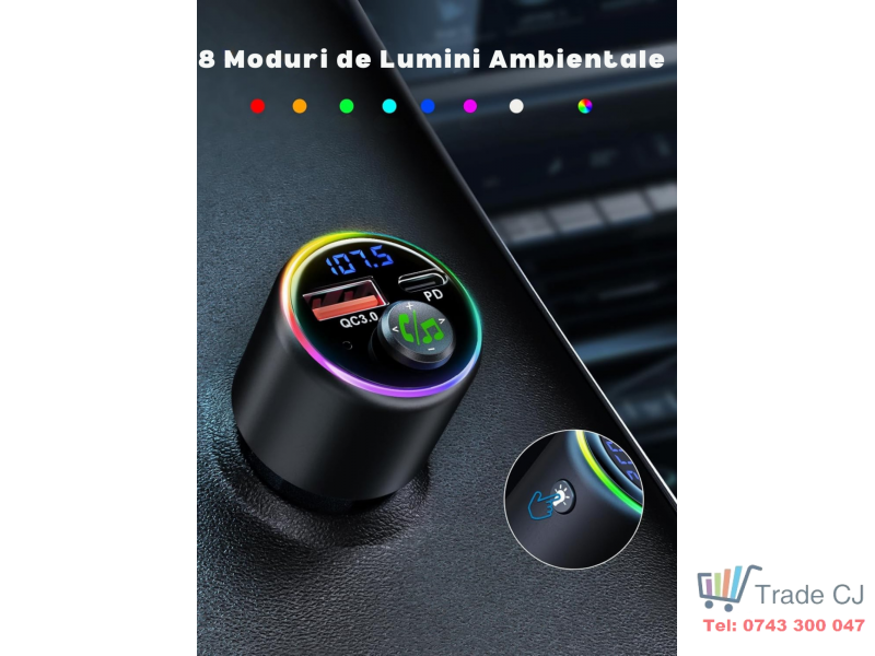Modulator FM universal cu Bluetooth, redare muzica wireless, apeluri hands-free, port USB-A si port USB-C pentru incarcare rapida, compatibil Android si iOS, alimentare 12, 24 V