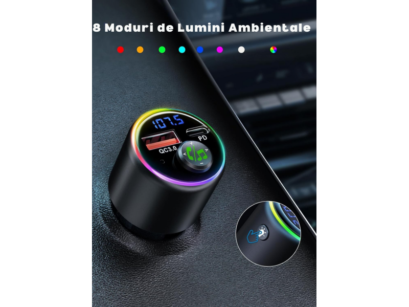 Modulator FM universal cu Bluetooth, redare muzica wireless, apeluri hands-free, port USB-A si port USB-C pentru incarcare rapida, compatibil Android si iOS, alimentare 12, 24 V