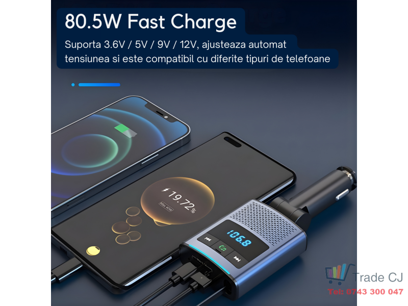 Modulator FM multifunctional cu Bluetooth, cablu USB-C retractabil, port USB-A si USB-C pentru incarcare rapida, redare muzica wireless si apeluri hands-free, compatibil Android si iOS