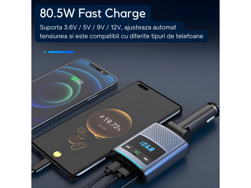 Modulator FM multifunctional cu Bluetooth, cablu USB-C retractabil, port USB-A si USB-C pentru incarcare rapida, redare muzica wireless si apeluri hands-free, compatibil Android si iOS