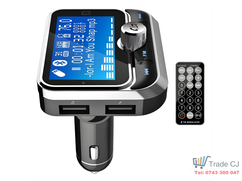 Modulator FM auto cu Bluetooth pentru redare muzica si apeluri hands-free, buton rotativ multifunctional, 2 porturi USB-A, slot microSD, sunet clar si conectivitate stabila, compatibil Android si iOS,