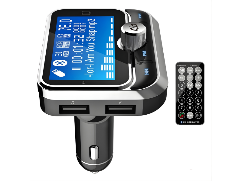 Modulator FM auto cu Bluetooth pentru redare muzica si apeluri hands-free, buton rotativ multifunctional, 2 porturi USB-A, slot microSD, sunet clar si conectivitate stabila, compatibil Android si iOS,