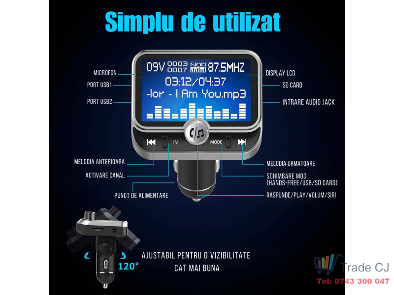 Modulator FM auto cu Bluetooth pentru redare muzica si apeluri hands-free, buton rotativ multifunctional, 2 porturi USB-A, slot microSD, sunet clar si conectivitate stabila, compatibil Android si iOS,