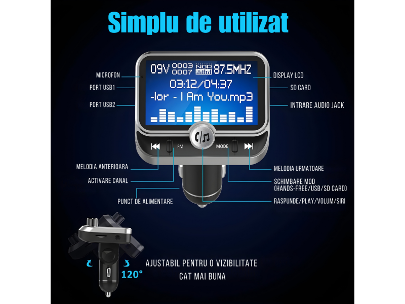 Modulator FM auto cu Bluetooth pentru redare muzica si apeluri hands-free, buton rotativ multifunctional, 2 porturi USB-A, slot microSD, sunet clar si conectivitate stabila, compatibil Android si iOS,