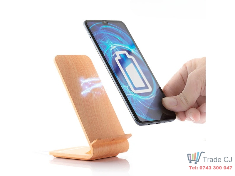 Incarcator wireless FastCharge cu stand Qistan01 pentru telefon, lemn bambus, alimentare USB, 10W