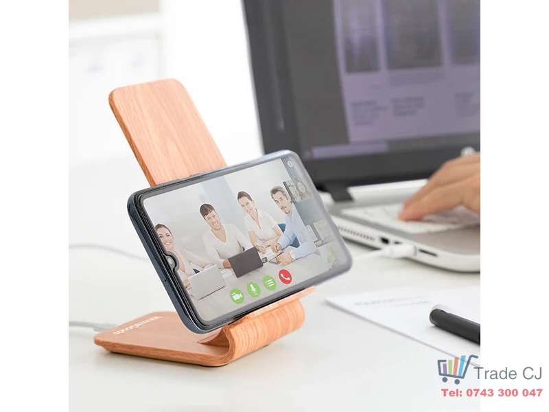 Incarcator wireless FastCharge cu stand Qistan01 pentru telefon, lemn bambus, alimentare USB, 10W
