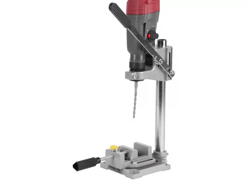 Suport profesional pentru bormasina, stand vertical pentru masina de gaurit, cu clema de colt, reglaj pe inaltime, fixare pe banc de lucru, pentru gaurire precisa la 90 grade