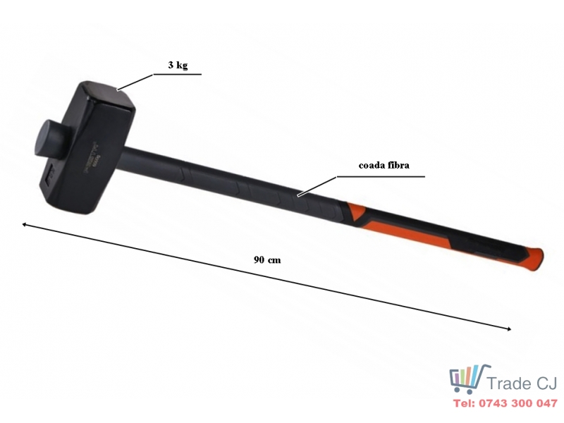 Baros otel forjat 3 Kg cu cap patrat si coada fibra 90 cm