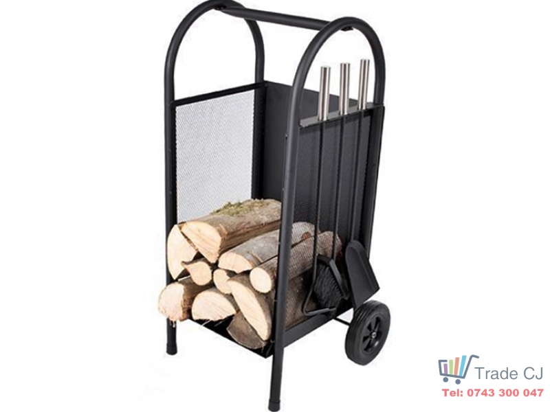Suport cu roti pentru lemne + 3 accesorii pentru sobe si seminee