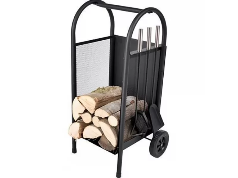 Suport cu roti pentru lemne + 3 accesorii pentru sobe si seminee