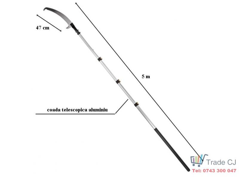 Fierastrau crengi, cu maner telescopic din aluminiu, max 5 m, lama otel 47 cm cu protectie din plastic