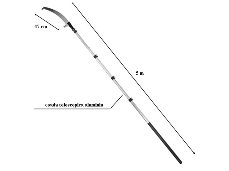 Fierastrau crengi, cu maner telescopic din aluminiu, max 5 m, lama otel 47 cm cu protectie din plastic