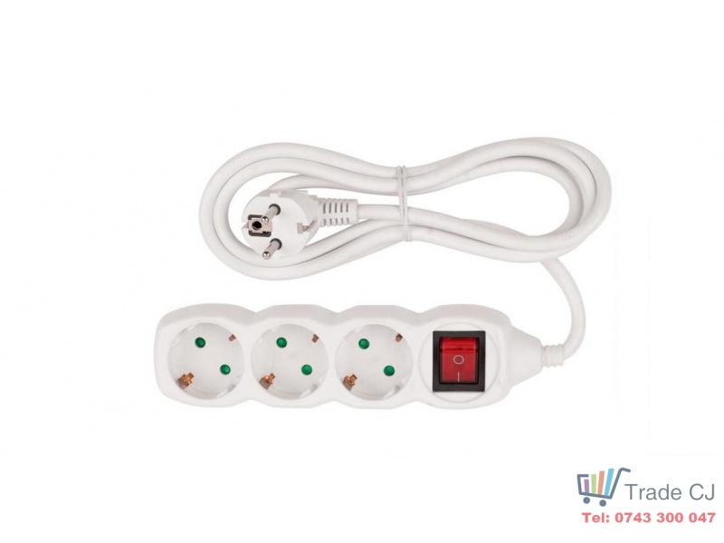 Prelungitor camera cu intrerupator si 3 prize, 5 m, max 3680 W, alb