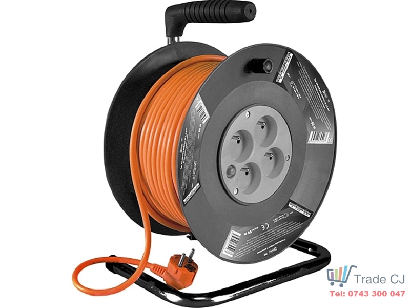 Prelungitor cu tambur, cadru metalic, 4 prize tip E x 230V, IP20, cordon cablu 1, 5mm, lungime 25 m, portocaliu, max 3680W 10A