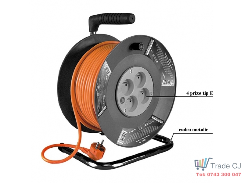 Prelungitor cu tambur, cadru metalic, 4 prize tip E x 230V, IP20, cordon cablu 1, 5mm, lungime 50 m, portocaliu, max 3000w 16A
