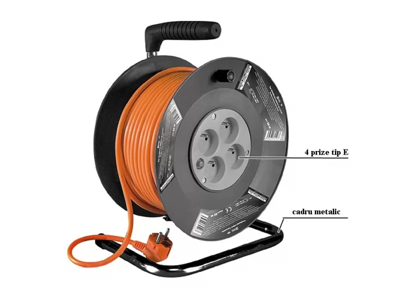Prelungitor cu tambur, cadru metalic, 4 prize tip E x 230V, IP20, cordon cablu 1, 5mm, lungime 50 m, portocaliu, max 3000w 16A