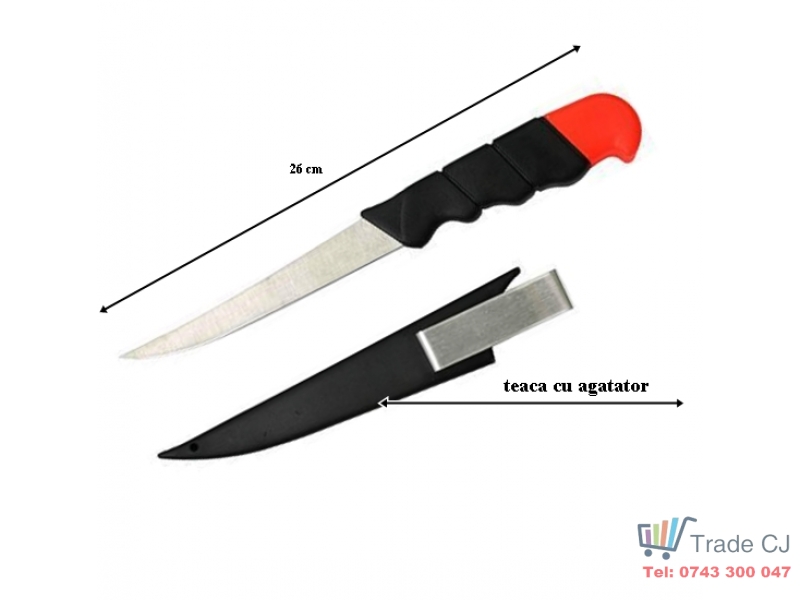 Cutit pentru pescuit, maner plastic, lungime totala 26 cm, teaca plastic cu agatator