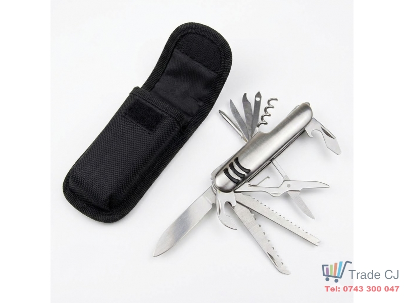 Briceag multifunctional 15 in 1 din otel inoxidabil, design ergonomic, ideal pentru camping si pescuit, husa textila