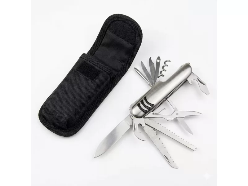 Briceag multifunctional 15 in 1 din otel inoxidabil, design ergonomic, ideal pentru camping si pescuit, husa textila