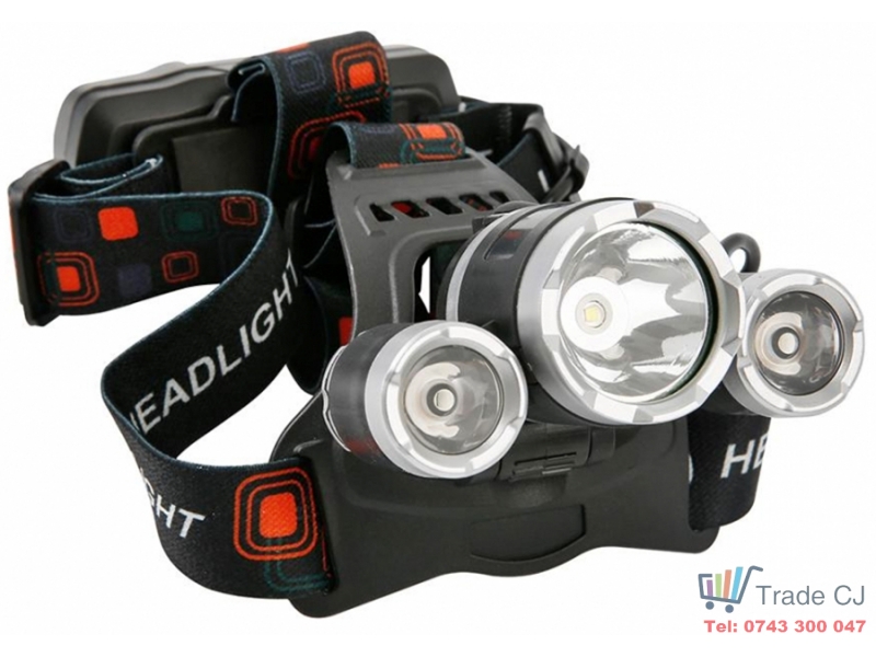 Lanterna frontala pe cap, 3 surse de iluminare cu LED, acumulator cu incarcare USB 1200mAh