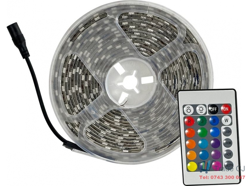 Banda led 5050 RGB cu telecomanda, 5 m, 18W, 60 led m, 360 lm intensitate reglabila, 5 moduri iluminare, IP65, alimentare 230V, autoadeziva