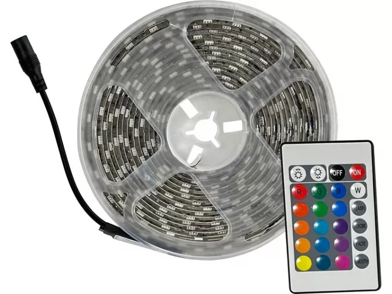 Banda led 5050 RGB cu telecomanda, 5 m, 18W, 60 led m, 360 lm intensitate reglabila, 5 moduri iluminare, IP65, alimentare 230V, autoadeziva