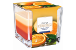 Lumanare parfumata Orange in pahar de sticla, aroma de portocale, design decorativ tricolor, timp de ardere pana la 32 ore, 170 g, pentru living, dormitor si baie