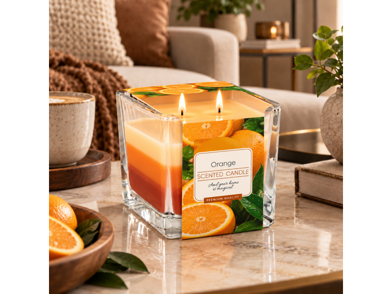 Lumanare parfumata Orange in pahar de sticla, aroma de portocale, design decorativ tricolor, timp de ardere pana la 32 ore, 170 g, pentru living, dormitor si baie