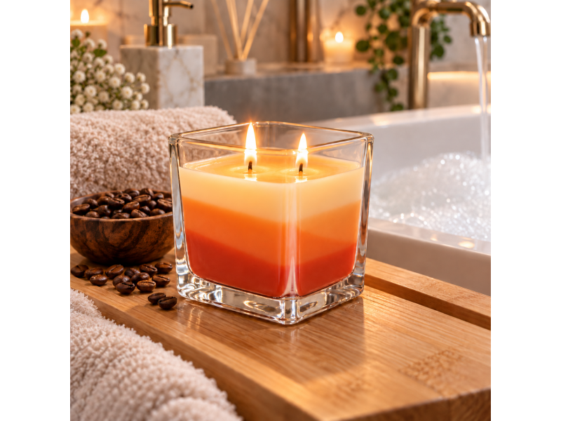Lumanare parfumata Orange in pahar de sticla, aroma de portocale, design decorativ tricolor, timp de ardere pana la 32 ore, 170 g, pentru living, dormitor si baie