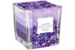 Lumanare parfumata cu lavanda, in pahar de sticla, design decorativ tricolor, aroma florala relaxanta, timp de ardere pana la 32 ore, 170 g, pentru living, dormitor si baie