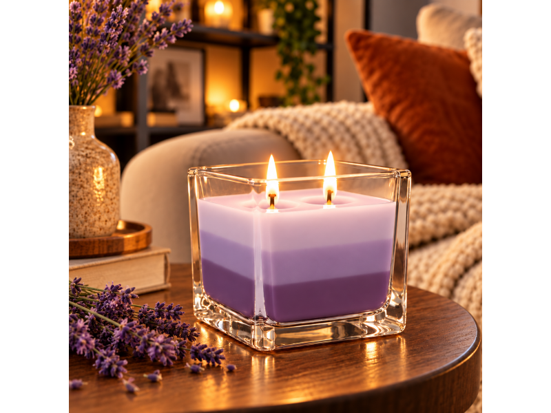 Lumanare parfumata cu lavanda, in pahar de sticla, design decorativ tricolor, aroma florala relaxanta, timp de ardere pana la 32 ore, 170 g, pentru living, dormitor si baie
