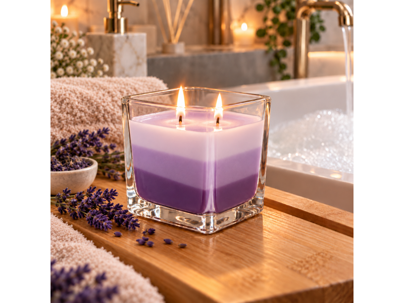Lumanare parfumata cu lavanda, in pahar de sticla, design decorativ tricolor, aroma florala relaxanta, timp de ardere pana la 32 ore, 170 g, pentru living, dormitor si baie