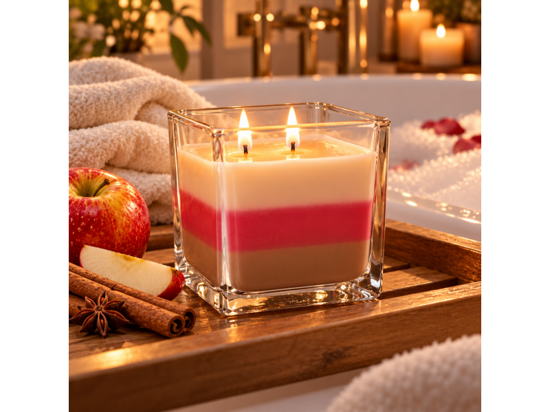 Lumanare parfumata in pahar de sticla, aroma de mere si scortisoara, 170 g, timp de ardere 32 ore, design tricolor, decorativa pentru casa, living si dormitor