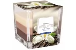 Lumanare parfumata cu aroma de vanilie, in recipient din sticla, design decorativ tricolor, timp de ardere 32 ore, 170 g, pentru living, dormitor si baie