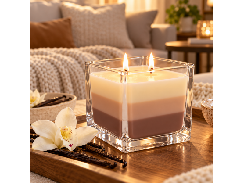 Lumanare parfumata cu aroma de vanilie, in recipient din sticla, design decorativ tricolor, timp de ardere 32 ore, 170 g, pentru living, dormitor si baie