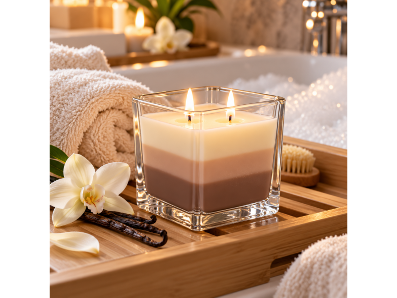 Lumanare parfumata cu aroma de vanilie, in recipient din sticla, design decorativ tricolor, timp de ardere 32 ore, 170 g, pentru living, dormitor si baie