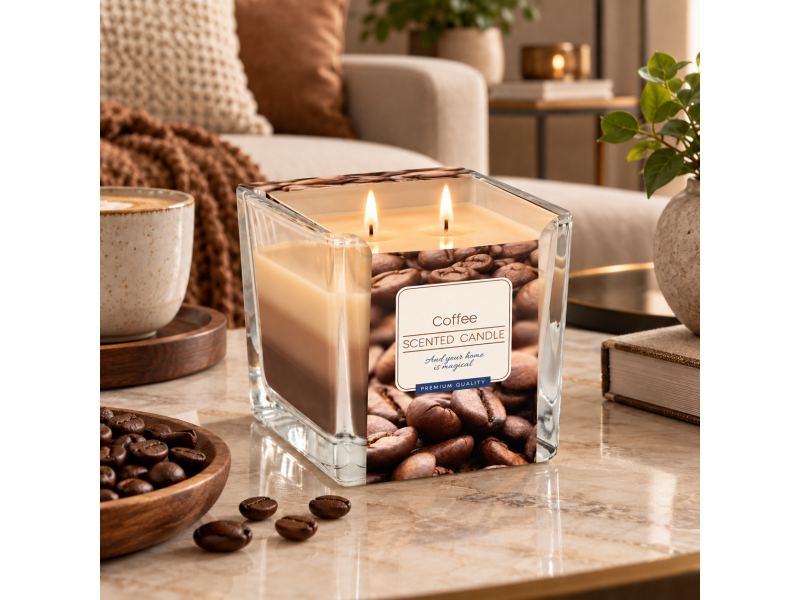 Lumanare parfumata Coffee, aroma intensa de cafea, recipient din sticla, design decorativ tricolor, timp de ardere pana la 32 ore, 170 g, pentru ambient si relaxare