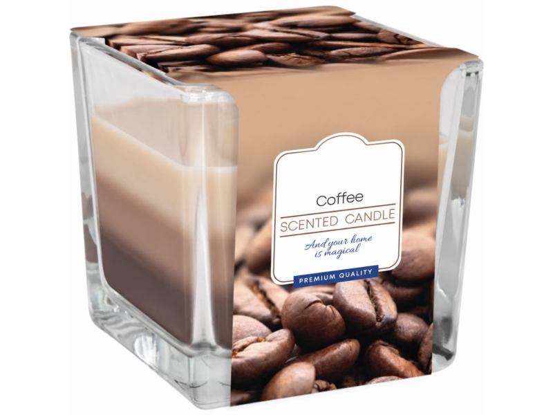 Lumanare parfumata Coffee, aroma intensa de cafea, recipient din sticla, design decorativ tricolor, timp de ardere pana la 32 ore, 170 g, pentru ambient si relaxare