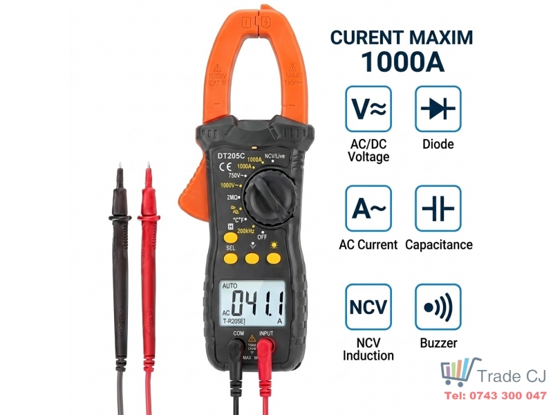 Multimetru digital cu cleste ampermetric profesional 1000A, NCV, lanterna LED, atentionare sonora, afisaj LCD iluminat, functie HOLD, husa transport inclusa, alimentare 2xAAA