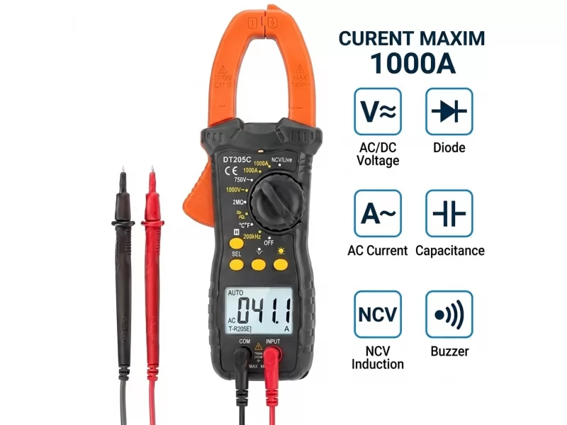 Multimetru digital cu cleste ampermetric profesional 1000A, NCV, lanterna LED, atentionare sonora, afisaj LCD iluminat, functie HOLD, husa transport inclusa, alimentare 2xAAA