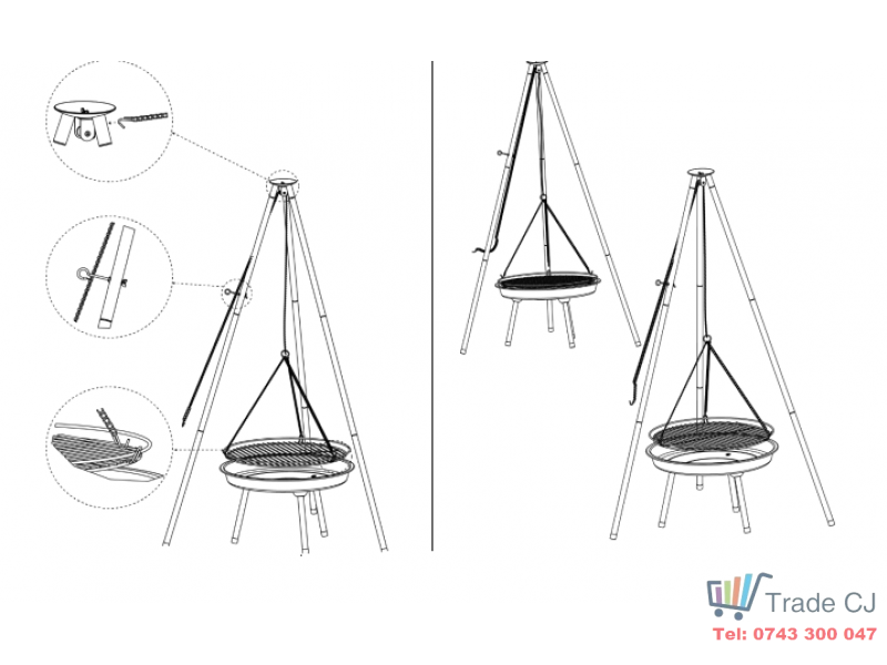 Gratar gradina cu trepied de 150cm, inaltime de gatit reglabila 32cm - 66cm