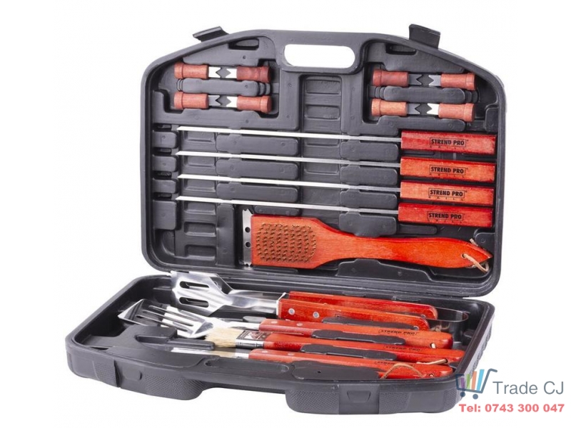 Set 18 piese ustensile pentru gratar, barbeque in cutie transport plastic
