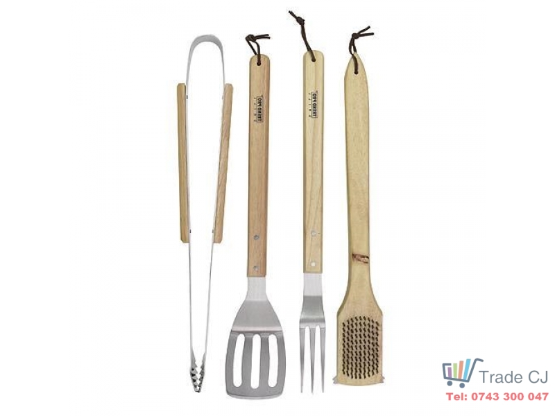 Set 4 buc ustensile gratar din otel inoxidabil,maner lemn stejar