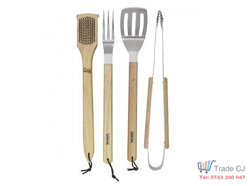 Set 4 buc ustensile gratar din otel inoxidabil,maner lemn stejar