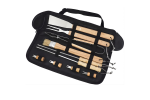 Set complet ustensile pentru gratar din inox cu manere din lemn, 11 piese esentiale pentru gatit in aer liber, livrat in geanta practica pentru depozitare si transport, ideal pentru fripturi si legume