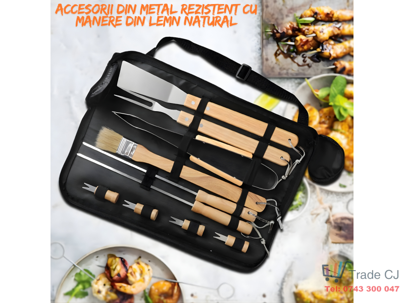 Set complet ustensile pentru gratar din inox cu manere din lemn, 11 piese esentiale pentru gatit in aer liber, livrat in geanta practica pentru depozitare si transport, ideal pentru fripturi si legume