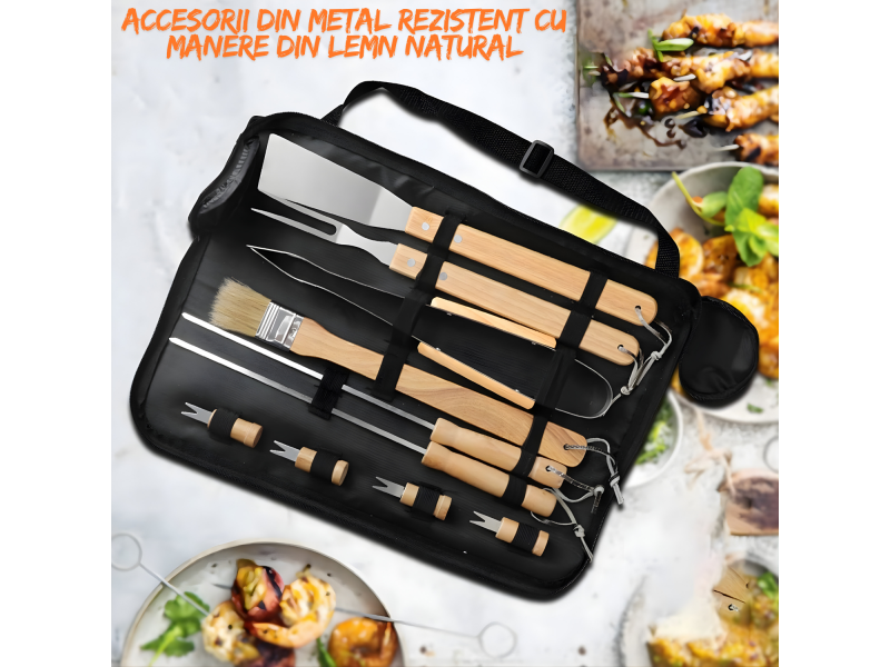 Set complet ustensile pentru gratar din inox cu manere din lemn, 11 piese esentiale pentru gatit in aer liber, livrat in geanta practica pentru depozitare si transport, ideal pentru fripturi si legume