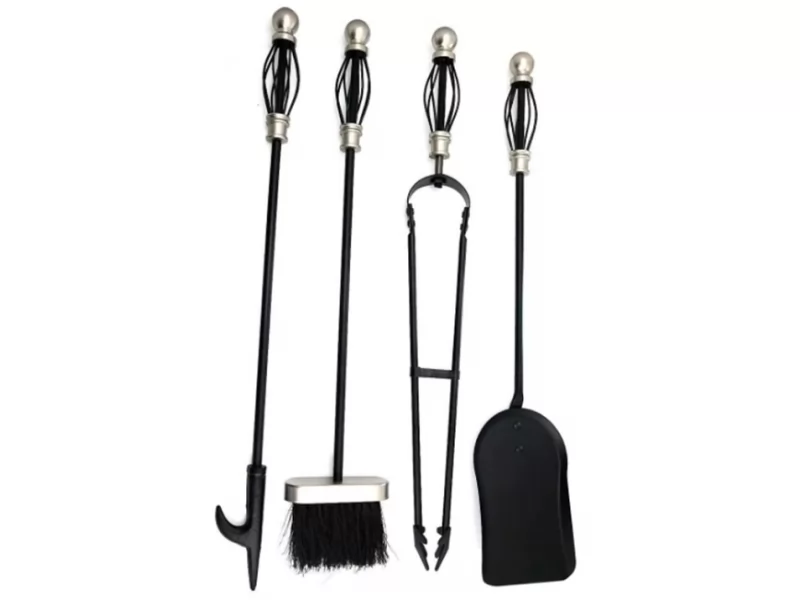 Set stativ metalic cu 4 unelte pentru semineu, maner placat cu nichel, inaltime 66 cm